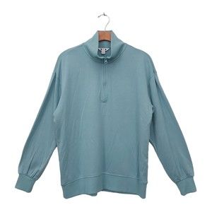 Three Dots Sweatshirt Womens Medium Green 1/4 Zip High Neck Knit Cozy